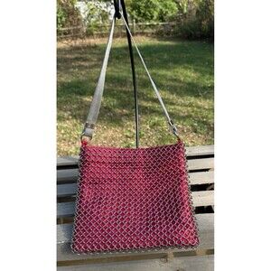 Vintage Whiting & Davis Interlocking Chainmail Mesh Shoulder Bag Purse Red Satin